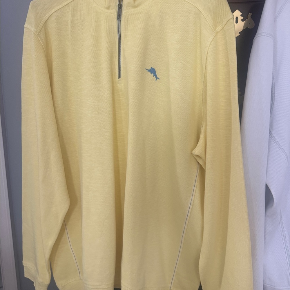 Tommy Bahama Men’s 3XLT Yellow Quarter-Zip Sweater with Logo.